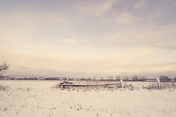 Image showing Wooden fence in a winter landscape