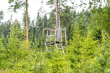 Image showing Old wooden hunting tower in a forest