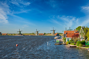 Image showing Windmills at Zaanse Schans in Holland. Zaandam, Netherlands