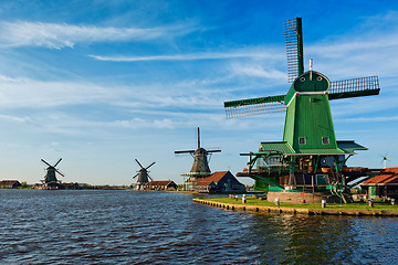 Image showing Windmills at Zaanse Schans in Holland on sunset. Zaandam, Nether