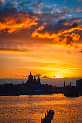 Image showing Amsterdam cityscape skyline with Church of Saint Nicholas on su