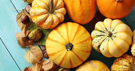 Image showing Pile of pumpkins decorated with leaves and chestnuts