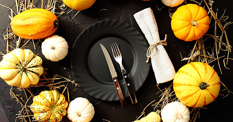 Image showing Black plate surrounded by yellow pumpkins