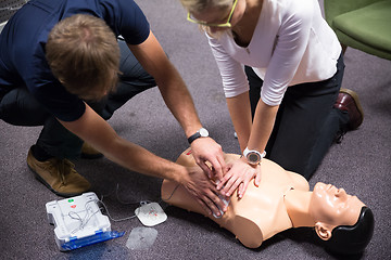 Image showing First aid cardiopulmonary resuscitation course using automated external defibrillator device, AED.