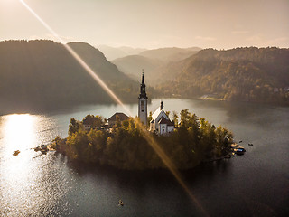 Image showing Aerial view of island of lake Bled, Slovenia.