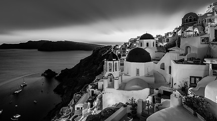 Image showing Traditional greek village of Oia in black and white, Santorini island, Greece.