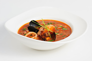 Image showing Seafood Soup in white dish