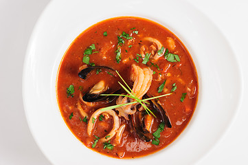 Image showing Seafood Soup in white dish