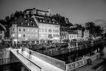 Image showing Evening panorama of riverfront of Ljubljana, Slovenia.
