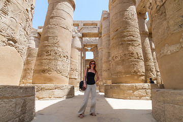 Image showing Female Tourist at Temples of Karnak, ancient Thebes in Luxor, Egypt