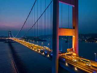 Image showing Tsing Ma Bridge at sunset in Hong Kong.