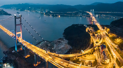 Image showing Tsing Ma Bridge at sunset in Hong Kong.