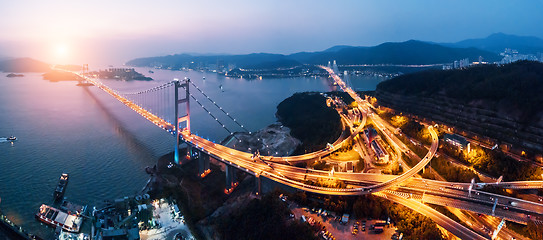 Image showing Tsing Ma Bridge at sunset in Hong Kong.