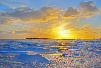 Image showing Winter sunset over frozen Baltic Sea in Finland