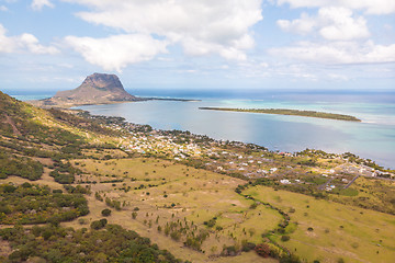 Image showing Aerial view of La Gaulette, popular kitesurfing tourist town with Le Morne Brabant mountain, the World Heritage UNESCO site seen in the back.