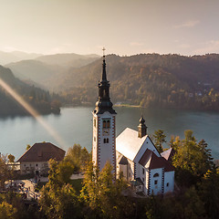 Image showing Aerial view of island of lake Bled, Slovenia.