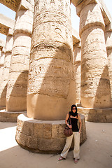 Image showing Female Tourist at Temples of Karnak, ancient Thebes in Luxor, Egypt