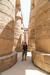 Image showing Male Tourist at Temples of Karnak, ancient Thebes in Luxor, Egypt