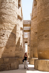 Image showing Female Tourist at Temples of Karnak, ancient Thebes in Luxor, Egypt