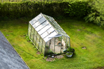 Image showing Green house with glass windows on a green lawn