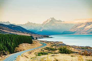 Image showing Road to Mt Cook, the highest mountain in New Zealand. 