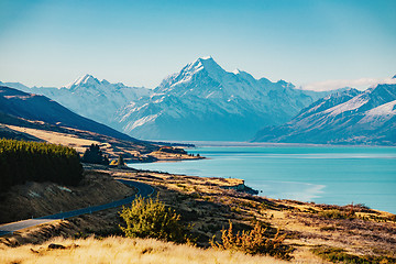 Image showing Road to Mt Cook, the highest mountain in New Zealand. 