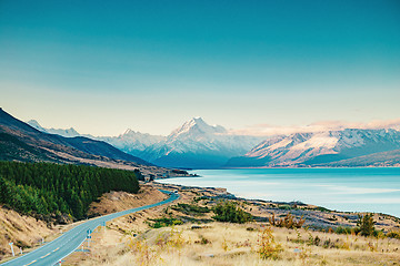 Image showing Road to Mt Cook, the highest mountain in New Zealand. 