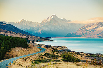 Image showing Road to Mt Cook, the highest mountain in New Zealand. 