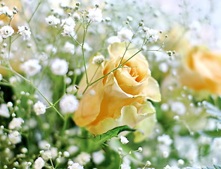 Image showing Beautiful bouquet of yellow roses and white little flowers with blur background