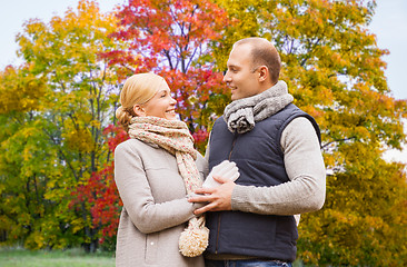 Image showing smiling couple leaves in autumn park