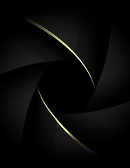 Image showing Camera lens close up with golden shutter blades. Wedding photography or videography concept. Gold on black