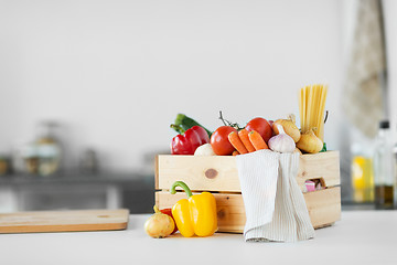 Image showing close up of wooden box of fresh ripe vegetables