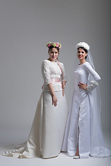 Image showing Portrait of two beautiful young bride in wedding dresses