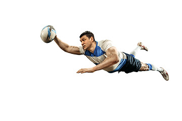 Image showing The silhouette of one caucasian rugby man player isolated on white background