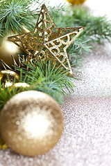 Image showing Christmas decorations and evergreen fir tree.