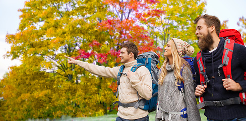 Image showing group of friends with backpacks hiking in autumn