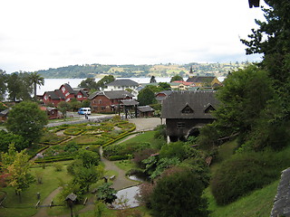 Image showing View of lakefront town in South America.