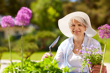 Image showing senior woman planting flowers at summer garden