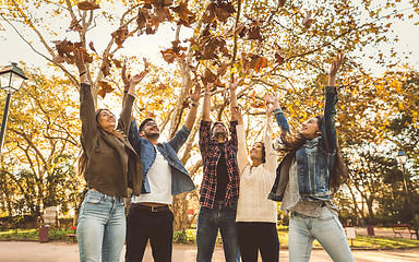 Image showing Friends having fun throwing leaves in the air