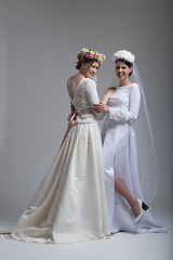 Image showing Portrait of two beautiful young bride in wedding dresses