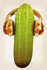 Image showing cucumber with headphones on a white background. 3d illustration.