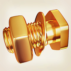 Image showing Gold Bolt with nut. 3d illustration. Vintage style