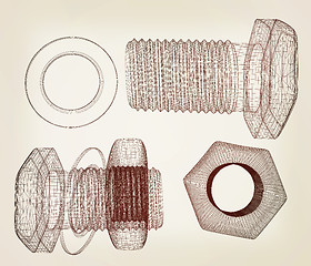 Image showing Screws and nuts set. 3d illustration. Vintage style