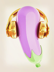 Image showing eggplant with headphones on a white background. Eggplant for far