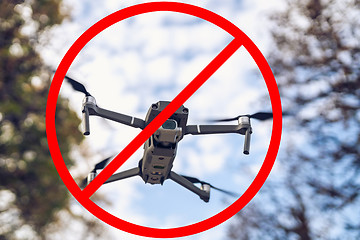 Image showing Drone flying in the air, visible trees and blue sky above