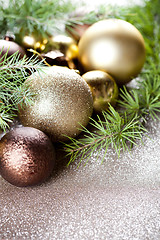 Image showing Christmas decorations and evergreen fir tree branch.