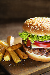 Image showing Hamburger and fries