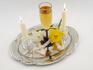 Image showing White wine and candles