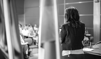 Image showing Public speaker giving talk at Business Event.