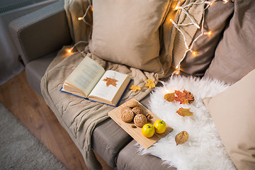 Image showing lemons, book, almond and oatmeal cookies on sofa